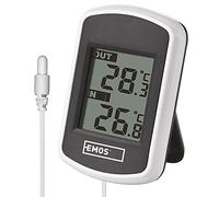 EMOS E0041 Termómetro Digital para Exteriores e Interiores con alimentador, Cable, Funciona con Pilas, plástico, Blanco