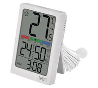 EMOS - Termómetro e higrómetro digital con sensor de cable de 1,9 m - Tendencia de temperatura y humedad, indicador de confort, hora con función despertador - Funciona con pilas (2 x AAA) - blanco