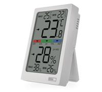 EMOS Termómetro e higrómetro digital para interiores, funciona con pilas | Termómetro interior con tendencia de temperatura y humedad, indicador de confort, soporte, funciona con pilas (2 x AAA)
