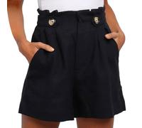 EMOTTOS Bermudas Pantalones Cortos Mujer, Shorts Mujer Verano Alta Cintura con Bolsillos con Botón Decoración, Elegantes Pantalon Corto Pierna Ancha Casual para Mujer, Negro XL
