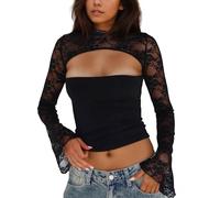 EMOTTOS Blusa de Encaje de Manga Larga para Mujer, Crop Top Sexy Transparente Y2K Manga Campana Escote Redondo Espalda Abierta Corte Ajustado Camiseta Elástica, para Fiesta y Clubwear, Negro, M
