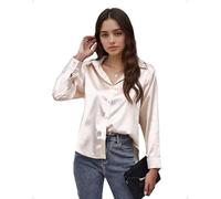 EMOTTOS Blusa Sexy de Satén para Mujer, Blusas Holgadas con Botones y Cuello en V, Camisas Elegantes de Manga Larga para Salir, IR a la Oficina o para el Trabajo, Beige, M