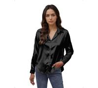 EMOTTOS Blusa Sexy de Satén para Mujer, Blusas Holgadas con Botones y Cuello en V, Camisas Elegantes de Manga Larga para Salir, IR a la Oficina o para el Trabajo, Negro, L