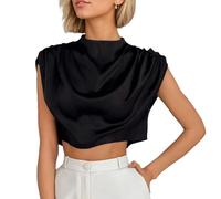 EMOTTOS Blusas Mujer, Satén Manga Corta Batwing Cuello Burlón Crop Tops, Casual Holgada Plisada Satén Blusa para Las Mujeres Camiseta sin Manga Ancho, Negro, L