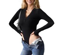 EMOTTOS Bodis Para Mujer Manga Larga, V Neck Slim Fit Top Alto Estiramiento Suave Casual Leotardo Body Trajes, Elegante Camiseta de Una Pieza Acanalada, Negro/Gris, S-L