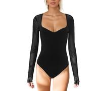 EMOTTOS Body de Encaje de Mujer, Sexy Body Sin Espalda con Cuello Corazón, Leotardo Transparente en V con Mangas de Malla, Slim Body con Cierre a Presión para Mujeres Sexy Fiesta Ropa, Negro, L