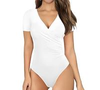 EMOTTOS Body sexy con cuello en V para mujer, camisetas cruzadas de corte ajustado, suave body con cuello en V profundo, mono sexy a rayas para mujer(WHITE-M)