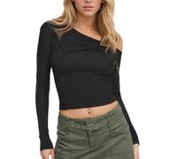 EMOTTOS Camisa Manga Larga para Mujer, Hombros Descubiertos Sexy Camiseta Y2K, Casual Crop Tops con sin Corte Ajustado Elástico en Color Liso Camiseta Diseño Retorcido en el Pecho, Negro, L