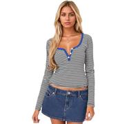 EMOTTOS Camisa Manga Larga para Mujer, Sexy Cuello de Pico Abotonado Y2K Crop Tops, Sencillo Rayas Corte Ajustado Elástico Casual Camiseta, Negro, S