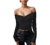 EMOTTOS Camisa Y2K para Mujer, Manga Larga Hombros Descubiertos Sexy Camiseta, Crop Tops con Corte Ajustado Elástico en Color Liso Retorcido en el Pecho, Negro, S