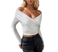 EMOTTOS Camisa Y2K para Mujer, Manga Larga Hombros Descubiertos Sexy Camiseta, Crop Tops con Corte Ajustado Elástico en Color Liso Retorcido en el Pecho, Blanco, L