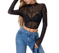 EMOTTOS Camiseta de Encaje con Lentejuelas para Mujer, Top Corto Sexy con Cuello Redondo Estilo Y2K, Camiseta de Manga Larga Transparente, Ropa de Verano para Fiestas en Discotecas, Negro, Tallas M