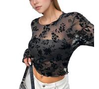 EMOTTOS Camiseta de Encaje Estampadas para Mujer, Top Corto Sexy con Cuello Redondo de Malla Y2K, Camiseta de Manga Larga Transparente, Corte Ajustado Ropa de Verano, Negro, Tallas L