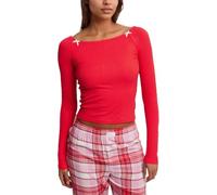 EMOTTOS Camiseta de Manga Larga T Shirt Mujer, Ajuste Clásico Cuello Redondo tee Top con Bowknot Decorativo, Básico Blusa Casual Color Sólido Camiseta Termica Mujer, Rojo, S