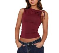 EMOTTOS Camiseta de Tirantes Asimétricos para Mujer, Sexy Y2K Ajustada Crop Top sin Mangas con Correa Ajustable, Slim Fit Tops sin Hombros para Verano Club Fiesta, Rojo, S