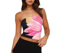 EMOTTOS Camiseta de Tirantes con Estampado Y2K para Mujer - Skinny Stretchy Fabric Tank Top, Sexy Verano Backless Strapless Bandeau Chaleco para Señoras Tops Fiesta de Verano, Negro, L