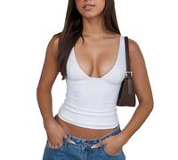 EMOTTOS Camiseta de Tirantes sin Espalda con Cuello en V - Tejido elástico para Adelgazar, Sexy de Corte bajo sin Mangas Chaleco, Ligero Clubwear Cami Tops para Ladies Summer Party Top, Blanco, M