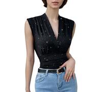 EMOTTOS Camiseta Mangas Y2K Mujer, Tops Pliegues Cruzados Decorativos Lentejuelas Brillantes Camisetas Ajustadas Cuello en V Tejido elástico Ligero niñas Fiestas Festivales Verano, Negro, Tallas L