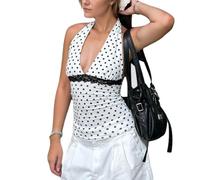 EMOTTOS Camiseta Mangas Y2K Mujer, Tops Plisados Patchwork Encaje Lunares, Camisetas Mangas Ajustadas sexys Cuello Halter Tejido elástico Ligero Fiestas Verano Festivales niñas, Blanco, Tallas L