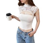 EMOTTOS Camiseta sin Mangas Mujer Y2K, Tops Cortos Detalles Encaje Aberturas, Camisetas Ajustadas Cuello Medio Alto, Tejido elástico Ligero Informal Mujeres niñas, Fiesta Verano, Blanco, Tallas L