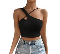 EMOTTOS Camiseta Sin Mangas para Mujer, Camisetas Camisetade Verano con Tirante Irregular, Gofre Tank Top Crop Tops sin Mangas Elegante Sexy Ajustada Casual Corte Entallado para Mujeres, Negro L