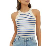 EMOTTOS Camiseta Sin Mangas para Mujer, Camisetas Rayas Camisetade Cuello Halter Verano, Cuello Redondo Tank Top sin Mangas Elegante Sexy Ajustada Casual para Mujeres, Azul L