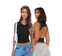 EMOTTOS Camiseta sin Mangas para Mujer, Sexy Y2K Crop Top sin Espalda con Hombros Descubiertos Ajustada Camiseta, Slim Fit Top con Cuello Redondo del Partido de Verano Streetwear, Negro, S