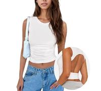 EMOTTOS Camiseta sin Mangas para Mujer, Sexy Y2K Crop Top sin Espalda con Hombros Descubiertos Ajustada Camiseta, Slim Fit Top con Cuello Redondo del Partido de Verano Streetwear, Blanco, S