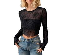 EMOTTOS Camiseta Transparente Mujer, Sexy Spider Web Patrón Top de Rejilla para Mujer Manga Larga Sheer Tops T-Shirt Stretchy, Stringy Selvedge Blusa de Manga Larga para Fiesta Clubwear, Negro, S