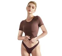 EMOTTOS Camisetas Cortas básicas de Mujer, Casual Y2K Manga Crop Top, Slim Fit Doble Forro Ajustado Cuello Redondo Camisa, Moda Skinny Y2K tee Shirt(MARRÓN-L)
