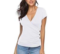 EMOTTOS Camisetas de Verano con Botones para Mujer, Y2K Slim Fit V-Cuello Cruzado Wrap Camisas, Suave Crop Top Profundo Cuello en V Camisa, Botón Túnica Tops Blusa, Moda Skinny Y2K tee Shirt（White-L）