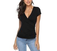 EMOTTOS Camisetas de Verano con Botones para Mujer, Y2K Slim Fit V-Cuello Cruzado Wrap Camisas, Suave Crop Top Profundo Cuello en V Camisa, Botón Túnica Tops Blusa, Moda Skinny Y2K tee Shirt(Black-M)