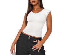 EMOTTOS Camisetas Mujer Corta Top, Camisetade Manga Corta Y2K Sin Hombros o Cuello en V, Crop Tops de Verano Basica Camiseta Ajustada Casual para Mujeres, Blanco M