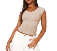 EMOTTOS Camisetas Mujer Corta Top, Camisetade Manga Corta Y2K Sin Hombros o Cuello en V, Crop Tops de Verano Basica Camiseta Ajustada Casual para Mujeres, Albaricoque L