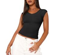 EMOTTOS Camisetas Mujer Corta Top, Camisetade Manga Corta Y2K Sin Hombros o Cuello en V, Crop Tops de Verano Basica Camiseta Ajustada Casual para Mujeres, Negro S