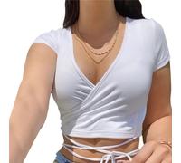 EMOTTOS Camisetas Mujer Top, Camisetade Manga Corta Y2K Cuello en V Lazo Delantero, Crop Tops de Verano Basica Camiseta Ajustada Casual para Mujeres, Blanco L