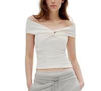 EMOTTOS Camisetas Mujer Top, Camisetade Manga Corta Y2K Sin Hombro Cuello en V, Crop Tops de Verano Basica Camiseta Ajustada Casual para Mujeres, Blanco S