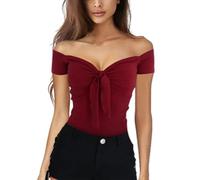 EMOTTOS Camisetas Mujer Top, Camisetade Manga Corta Y2K Sin Hombros Cuello en V, Crop Tops de Verano Basica Camiseta Ajustada Casual Primavera Verano Otoño para Mujeres, Rojo L