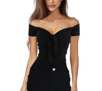 EMOTTOS Camisetas Mujer Top, Camisetade Manga Corta Y2K Sin Hombros Cuello en V, Crop Tops de Verano Basica Camiseta Ajustada Casual Primavera Verano Otoño para Mujeres, Negro S