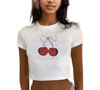 EMOTTOS Camisetas Sexy Cereza Imprimir, Y2K Slim Fit Cuello Redondo Tops, Ajustado Camiseta de Manga Corta Moda Verano tee Shirt Skinny Fiesta para Las Señoras, Blanco, S