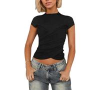 EMOTTOS Camisetas Sexy Envoltura Cruzada, Y2K Slim Fit Tops con Dobladillo Fruncido Irregular, Camiseta con Cuello Redondo Moda Skinny Fiesta para Las Señoras, Negro, S