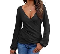EMOTTOS Camisetas sexys Mujer con Escote en V- Tops Ajustados gofre con Envoltura Cruzada, Crop Top Escote en V Profundo y Mangas largas, Blusas de túnica con Dobladillo Fruncido Irregular(Black-M)