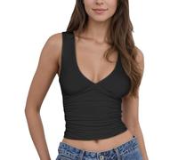 EMOTTOS Camisetas sin Mangas con Cuello en V, Sexy Camisa Fruncida de Corte Ajustado, Top Corto sin Mangas de Moda Fiesta Delgada Clubbing Ropa de Verano para Damas, Negro, M