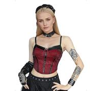 EMOTTOS Camisetas sin Mangas Góticas con Cuello en V para Mujer, Camisa Sexy Y2K con Parches de Cuero, Top Corto sin Mangas de Encaje para Halloween, Rojo, M