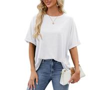 EMOTTOS Camisetas Sueltas para Mujer, Camisetas de Verano de Manga Corta con Cuello Redondo, Camisetas básicas Sueltas con Mangas enrolladas(Blanco-L)