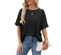 EMOTTOS Camisetas Sueltas para Mujer, Camisetas de Verano de Manga Corta con Cuello Redondo, Camisetas básicas Sueltas con Mangas enrolladas（Black-L）