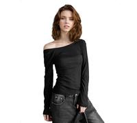 EMOTTOS Camisetas Y2K Mujer, Sexy Hombros Descubiertos Manga Larga, Corte Ajustado Espalda Abierta asimétrica Lazo Ligera elástica Adelgazante, Camiseta Fiestas Festivales Mujeres, Negro, S