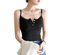 EMOTTOS Camisola de Punto Abotonada para Mujer, Y2k Slim Fit Encaje Patchwork Chaleco de Punto Acanalado, Sexy Off-Shoulder Cintura Sin Mangas Crop Top(Negro-M)