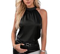 EMOTTOS Camisolas Mujer, Sin Tirantes Cuello Halter Chalecos de Satén Casual, Strapless Plisado Fuera del Hombro Chaleco sin Mangas Básico de la Mujer Tank Top, Negro, L