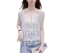 EMOTTOS Chaleco de Punto sin Mangas con Cuello en V para Mujer, Cárdigan de Ganchillo con Flecos en el Dobladillo, Botones Prenda de Abrigo para Vestidos de Noche, Blanco, Talla única